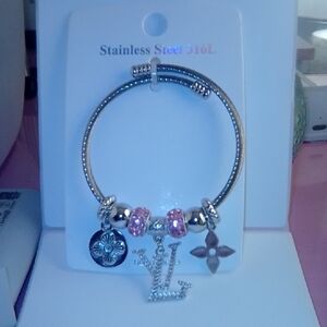 Stainless Steel Charm Bracelet with Pink and Silver Accents